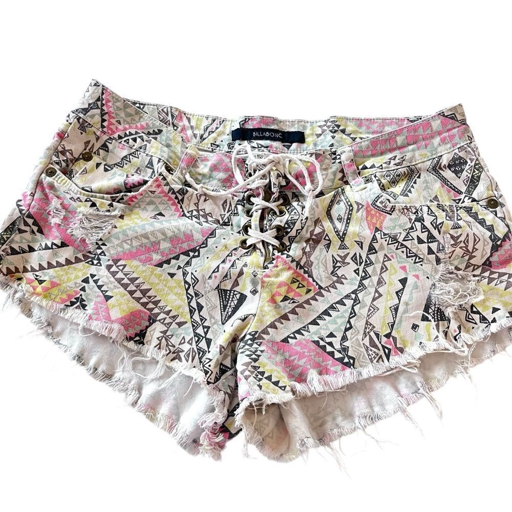 Billabong Y2K Tribal Low Rise Lace Up Denim Shorts - Picture 2 of 5